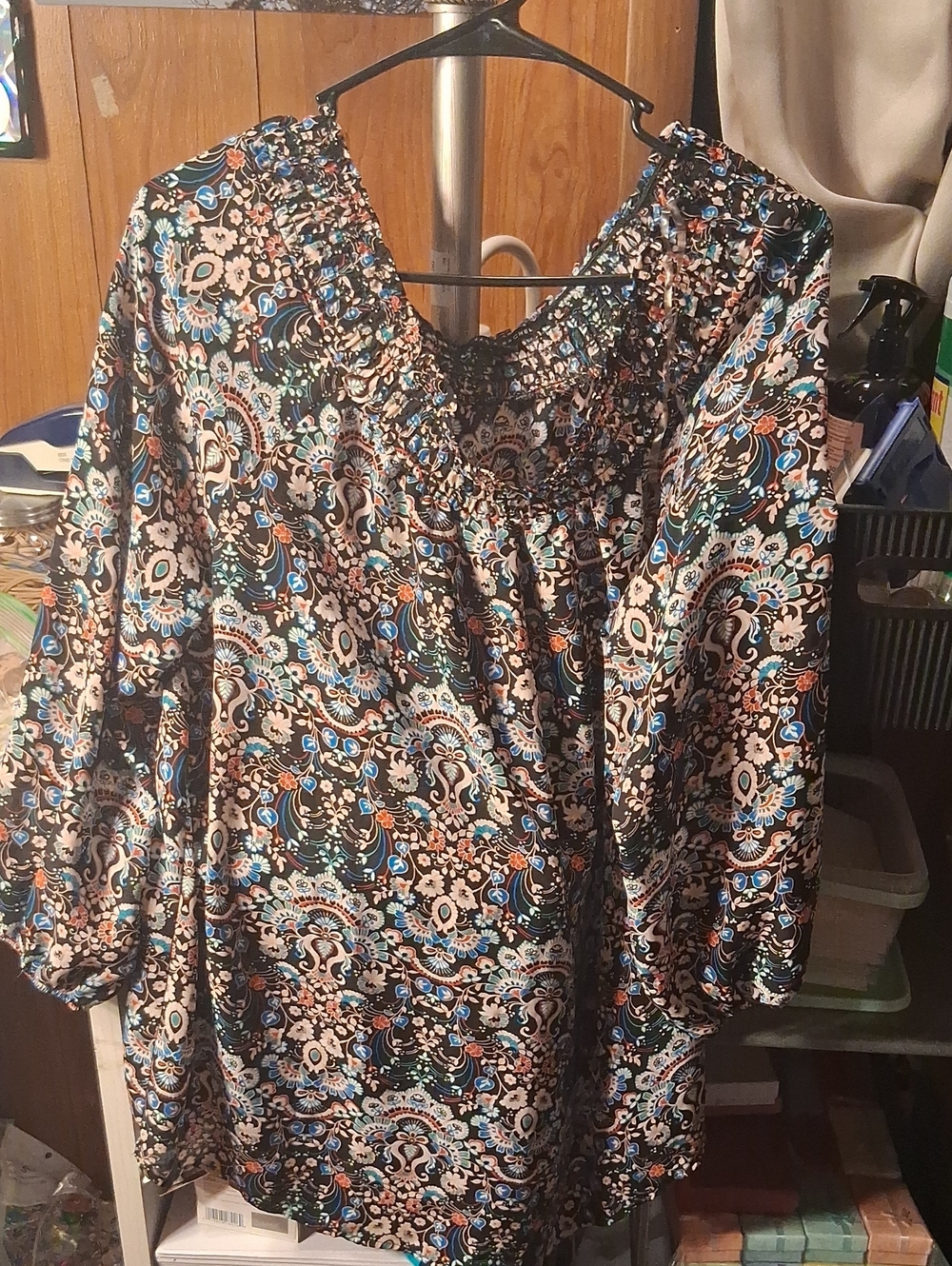 Zac & Rachel Black Paisley Peasant Blouse with Blue Accents